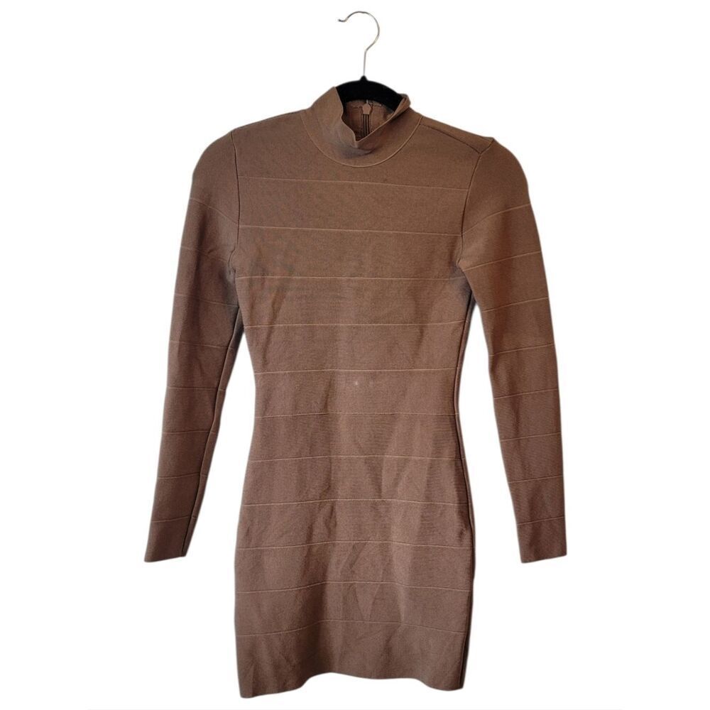 Babaton Caramel Brown Bandage Bodycon Mock Neck Dress Women's Size S